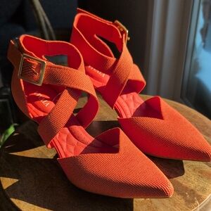 VIVAIA Arabella pointed-toe cross-strap stiletto heels in Orange knit material